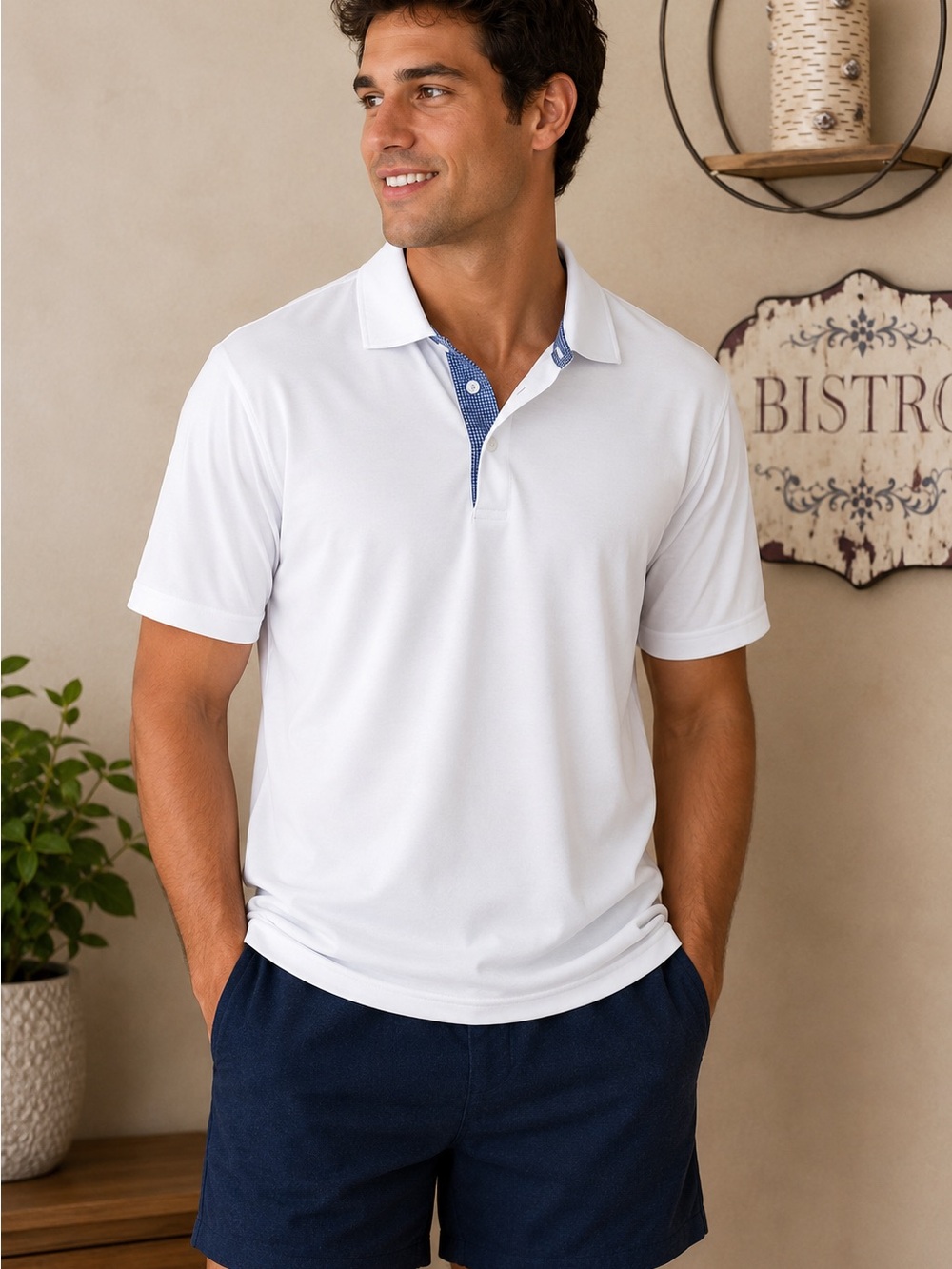 Horn Legend Men's White Polo with Blue Checked Contrast Placket